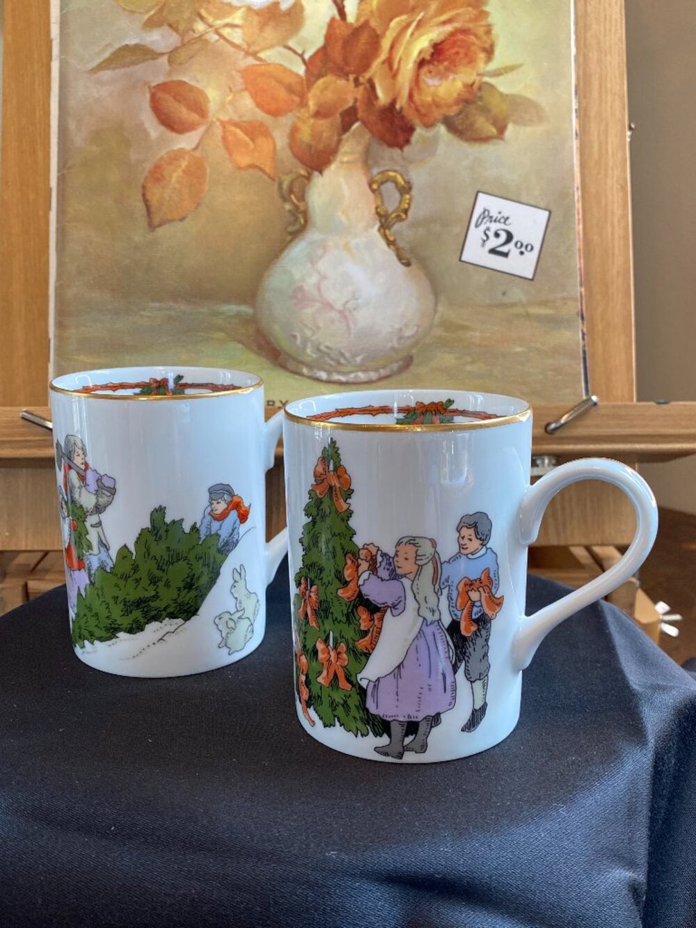 Vintage 1982 Fitz & Floyd Deck the Halls Bunny & Tree Mugs